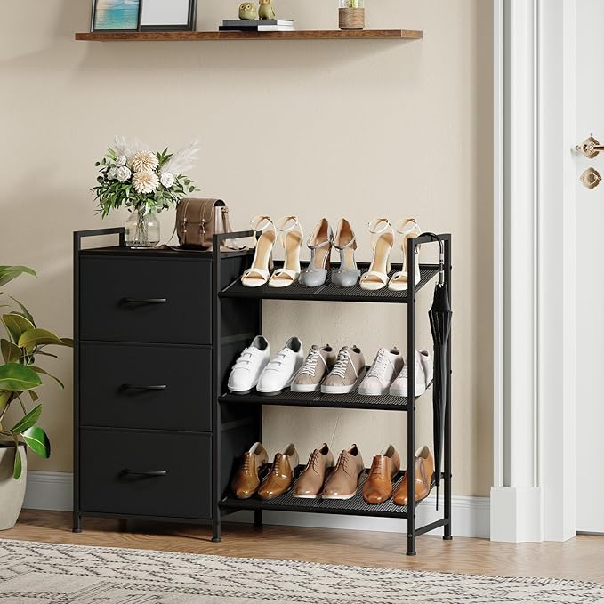 Somdot Shoe Rack, 3 Tier Shoe Organizer with 3 Drawers, Metal Shoe Storage Shelf for 6-9 Pairs of Shoes, Narrow Shoe Rack for entryway, Black-NeatNest