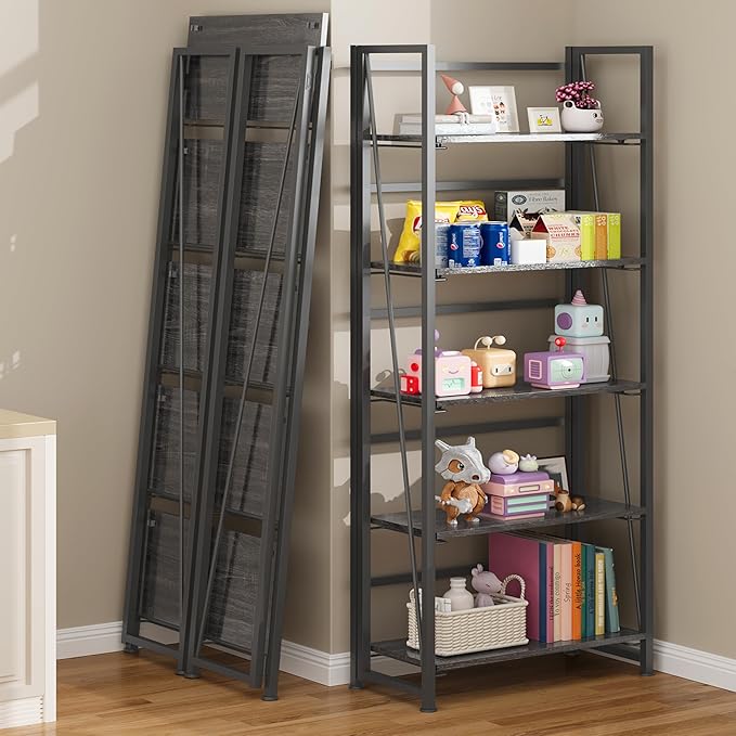 BHG Vintage Multifunctional Folding Bookshelf, No-Assembly Plant Stand Storage Rack Shelves for Home Office (Gray, 5-Tier)-NeatNest