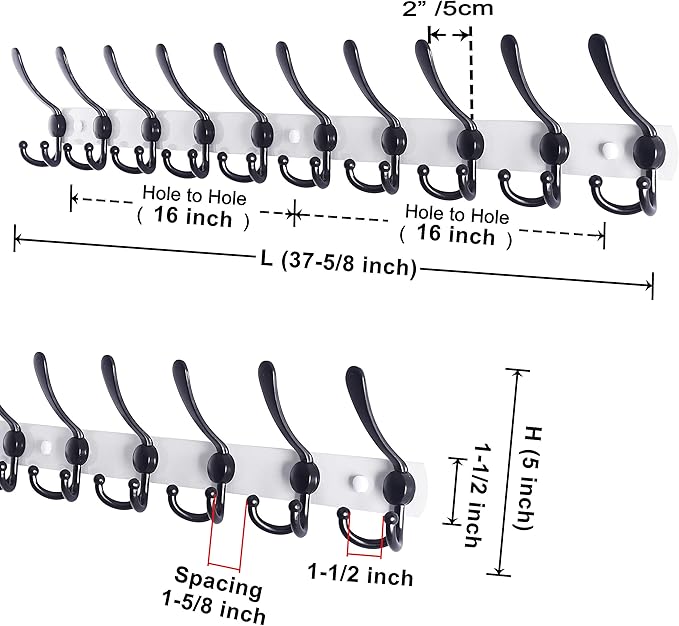 Dseap Coat Rack Wall Mount - 38” Long 10-Tri-Hooks Heavy Duty Coat Hanger Rail Wall Hooks for Hanging Coats Hats Clothing Clothes Purse Mudroom Entryway, White/Black-NeatNest
