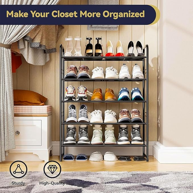 5-Tier 27” Wide Shoe Rack for Closet, Metal Stackable Shoe Shelf Organizer, Holds 18 Pairs Large Capacity, Black-NeatNest