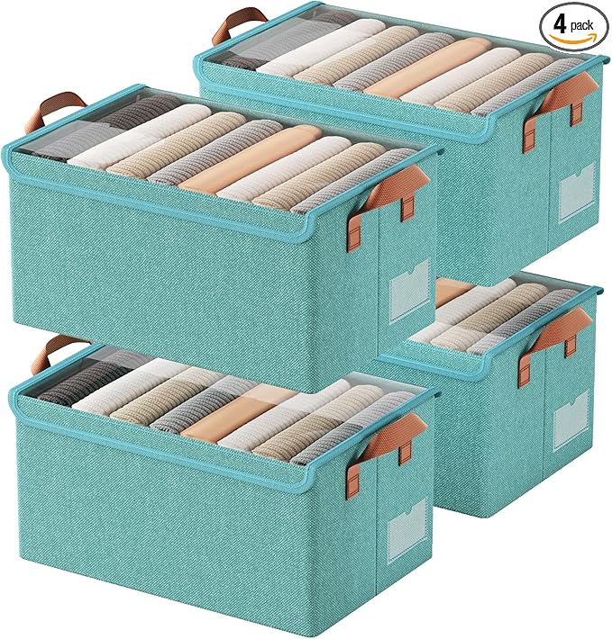 AARAINBOW Stackable Clothes Organizer Bins, Fabric Storage Bins with Metal Frame, 4 Packs Green Boxes with Lids, Foldable Closet Container for Clothes Toys, 23L (Green)-NeatNest