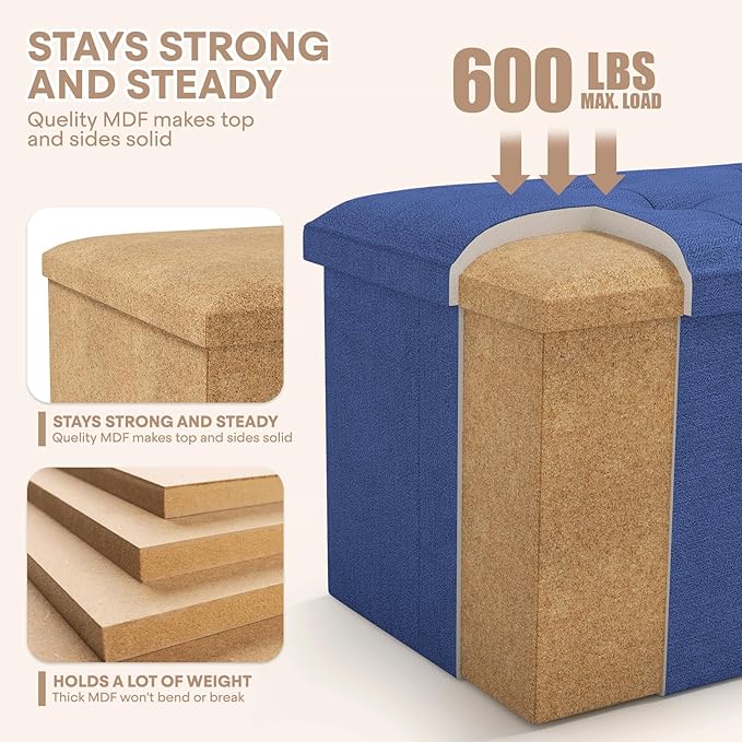 Ottoman Folding Storage Bench, 43x15x15 Inch, Foot Rest Stool for Living Room, Bedroom, Entryway, End of Bed - Multi-Functional Ottoman with Storage Navy Blue
