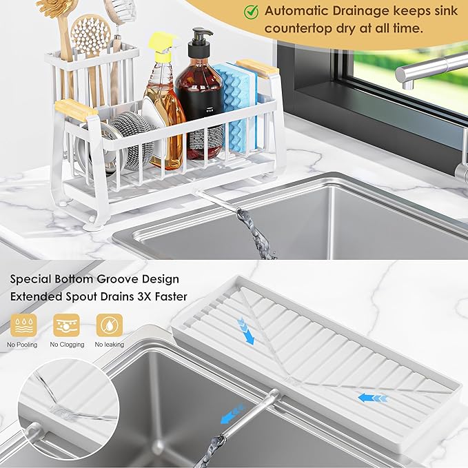 Doasuwish Kitchen Sink Caddy with High Brush Holder,Self-Draining kitchen Countertop Organizer,Rustproof 304 Stainless Steel,Non-Slip Stability High Storage Sponge Holder for Kitchen Sink White-NeatNest