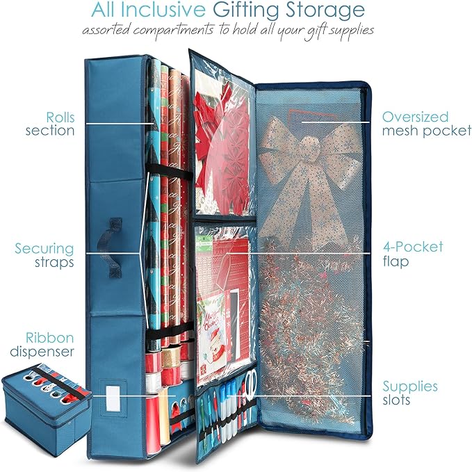 Hearth & Harbor Wrapping Paper Storage Container - Christmas Storage Bag with Ribbon Dispenser and Interior Pockets - Gift Wrap Organizer Fits Up to 26 Rolls of 40" Length, Blue-NeatNest