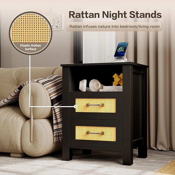 JUMMICO 26.18" End Table with Charging Station and Rattan Drawers, Farmhouse Nighstand, Wooden Storage Bedside Table, Living Room, Bedroom(1, Black Oak)