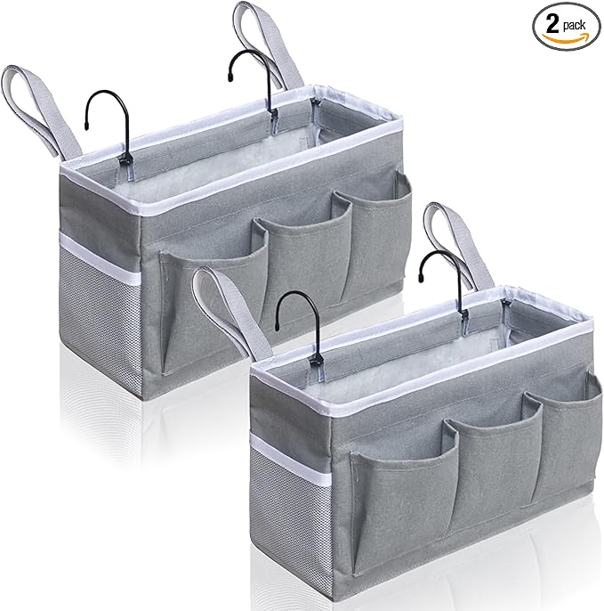 Bedside Caddy Storage Organizer - 2pcs Hanging Bag Holder with Pockets for Bedroom, Loft, Tent, Curtain, Bunk bed Shelf Accessories (Gray)-NeatNest