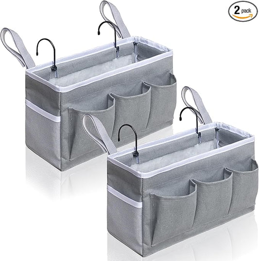Bedside Caddy Storage Organizer - 2pcs Hanging Bag Holder with Pockets for Bedroom, Loft, Tent, Curtain, Bunk bed Shelf Accessories (Gray)-NeatNest