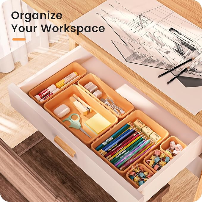 A-LUGEI【𝟰𝟲𝗣𝗖𝗦 & 5 Size】Tool Box Organizer Tray Divider Set,【Orange】Desk Drawer Organizer, Garage Organization and Storage Toolbox Accessories Rolling Tool Chest Cart Cabinet WorkBench Small Part-NeatNest