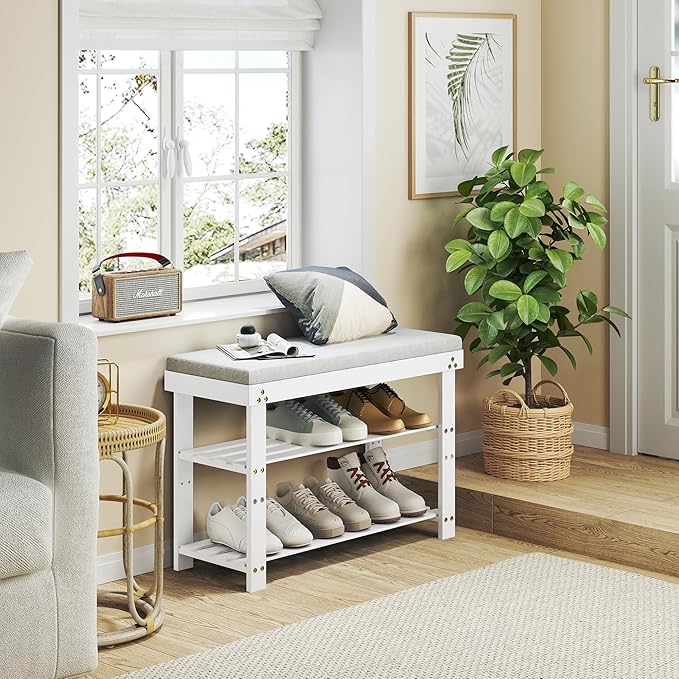Bamboo Shoe Bench, 3-Tier Shoe Rack, Entryway Bench with Cushion and Adjustable Shelves, Shoe Rack for Entryway, Hallway, Mudroom and Living Room, White