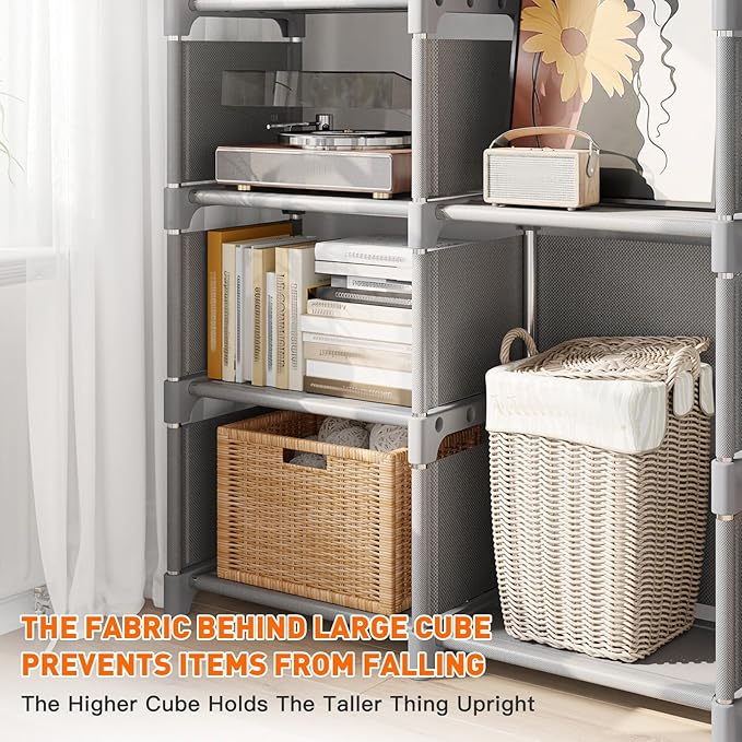 REIBII Book Shelf, 16 Cube Storage Organizers, DIY Tall Book Case for Bedroom, Office, Living Room, Closet, 12" D x 47.24" W x 70.86" H, Grey