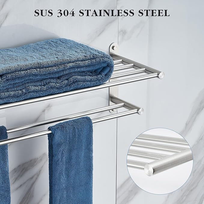 Bathroom Towel Rack with 24-Inch Multilayer Hotel Racks 304 Stainless Steel Towel Bar Shelf Wall-Mounted Brushed Finish Bar with Towel Shelves,2-Tier Bar Mounted