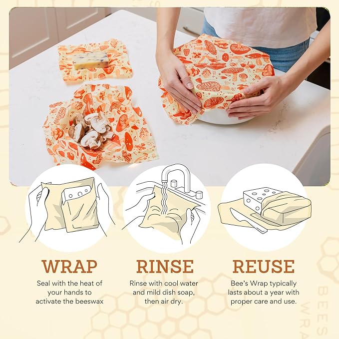 Bee's Wrap Beeswax Wraps for Food - Mushroom Magic 3 Pack (S, M, L) Made in USA Reusable & Organic Food Wraps, Sandwich Wrap & Bowl Covers - Eco-Friendly Alternative to Aluminum Foil & Plastic Wrap-NeatNest
