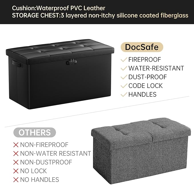 DocSafe Storage Ottoman Bench with Lock,Fireproof 30 Inches Folding Bench Foot Rest Stool Storage Chest Safe for Living Room,Bedroom,Home Office,Waterproof Leather Ottoman with Handles,Black-NeatNest