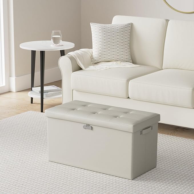 DocSafe Storage Ottoman Bench with Lock,Fireproof 30 Inches Folding Bench Foot Rest Stool Storage Chest Safe for Living Room,Bedroom,Home Office,Waterproof Leather Ottoman with Handles,Beige-NeatNest