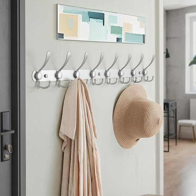 Dseap Coat Rack Wall Mount - 29.5” Long 8-Tri-Hooks Heavy Duty Coat Hanger Rail Wall Hooks for Hanging Coats Hats Clothing Clothes Purse Mudroom Entryway, Silver-NeatNest