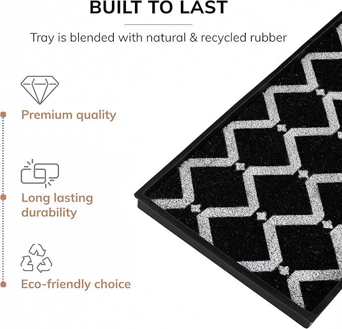 Anji Mountain Heavy Duty Waterproof Rubber Shoe Storage Mat Organizer/Boot Storage Multi Use for Entryway with Coir, Black and Ivory Diamond Insert, Fits 2 Pair (24.5" Wide)