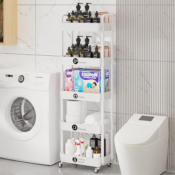 Laiensia 5-Tier Rolling Cart with Wheels,Multifunction Utility Storage carts, Kitchen Storage Organizer,Mobile Shelving Unit for Bathroom,Laundry,with Classified Stickers,White-NeatNest