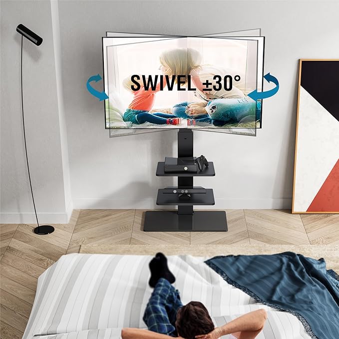 FITUEYES Swivel Floor TV Stand with Mount for TVs 37 43 50 55 60 65 70 75 Inch LCD LED Flat/Curved Screens Universal Swivel Televisions TV Mount Stand for Bedroom Living Room Black Tempered Glass Base-NeatNest