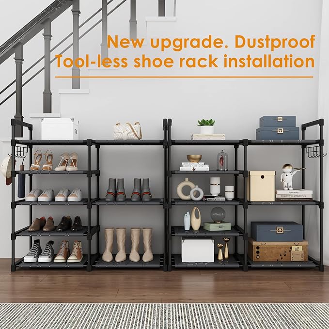 Black Tubes Closet Shoe Rack, 5 Tier Oxford Fabric Shelf, Easy Assembly, Sturdy and Durable, Holds Up to 30 lbs-NeatNest