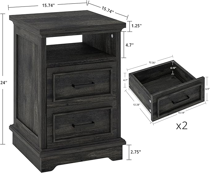LIKIMIO Farmhouse Nightstand with Storage Drawers and Open Shelf, Small End Tables Living Room, Rustic Wood Side Tables for Bedroom, Roman Column Design, Charcoal Grey
