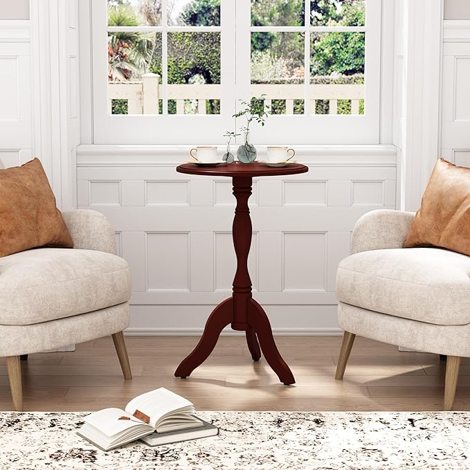 HLR Round Small End Table Set of 2, Wooden Pedestal Side Coffee Table, 2pcs Vintage Accent Nightstand for Living Room, Bedroom, Entryway, Dark Brown