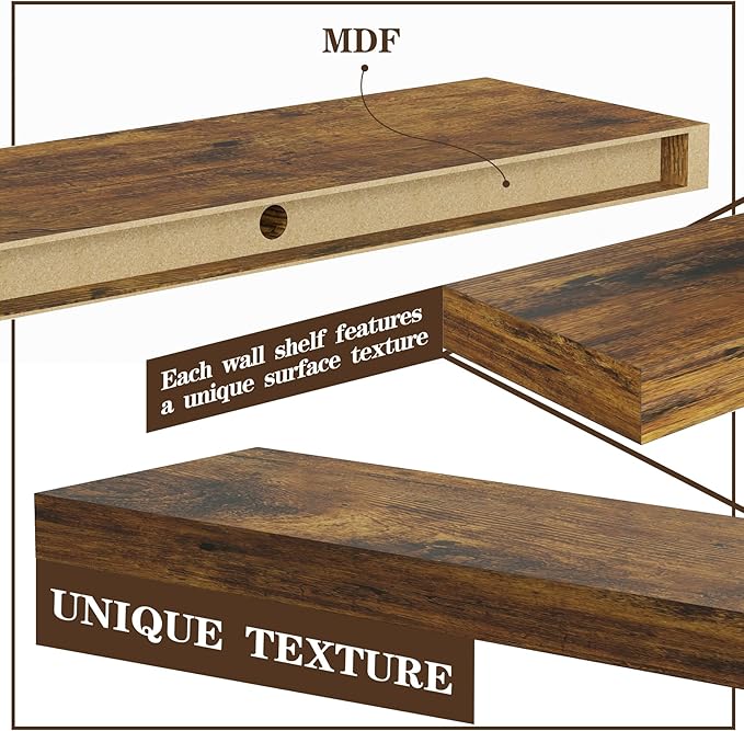 BAMEOS Floating Shelves, 31W x 7D Rustic Brown Wall Mounted Wooden Shelves with Invisible Brackets Set of 2, Hanging Wall Shelves Decoration for Bedroom, Bathroom, Living Room and Kitchen-NeatNest
