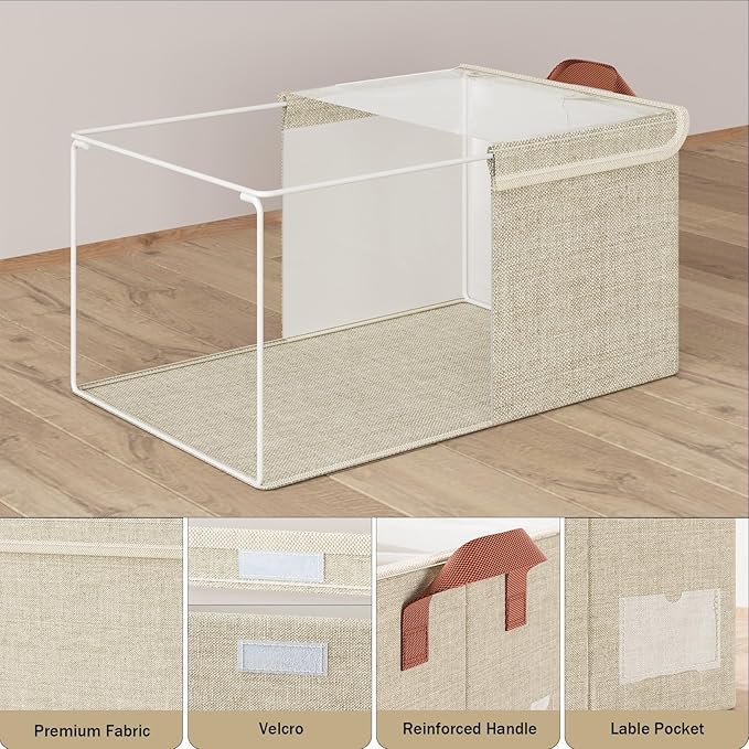 AARAINBOW Stackable Clothes Organizer Bins, 4 Packs Fabric Storage Bins with Lids, Metal Frame Fabric Boxes Foldable Closet Container for Organizing Clothes Toys, 23L (Beige)-NeatNest