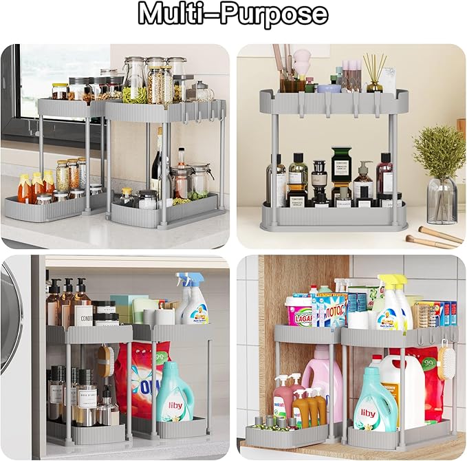 2 Pack Multi-Purpose Pull-Out Storage Organizers, Under Sink Organizers and Storage for Bathroom & Kitchen, Under Cabinet Organizers and storage, 14.8 Inch, Grey-NeatNest