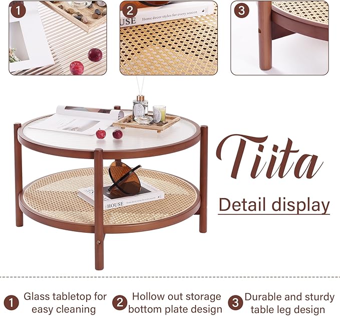 Tiita Rattan Nightstand Side Table, Bamboo Accent Bedside Tables, Glass Coffee Tables, Boho Wooden End Table with Storage for Small Space, Living Room and Bedroom