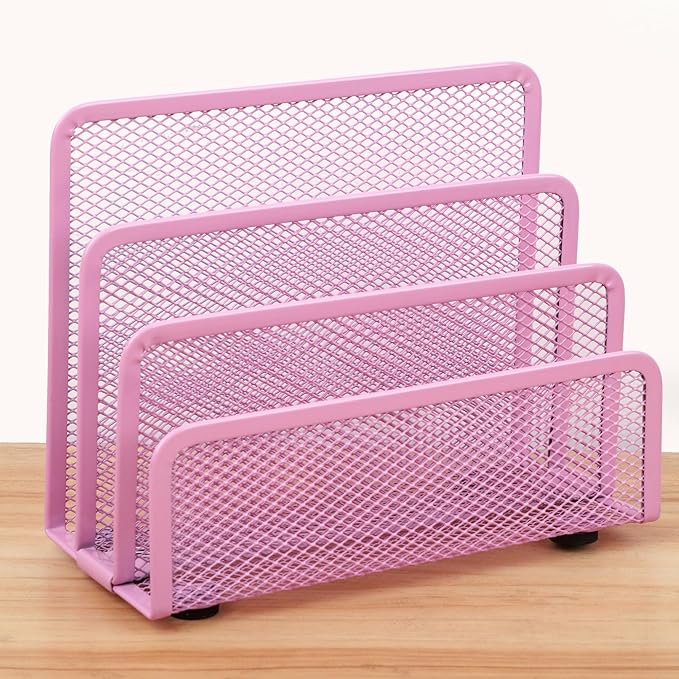 EASEPRES Desk Mail Organizer, Office Small Desktop Metal Mesh Envelope Letter Sorter Paper File Holder Organizer with 3 Vertical Upright Compartments, Pink 2 Pack