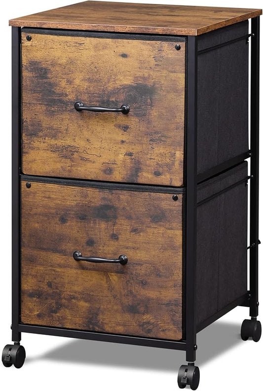 DEVAISE 2 Drawer Mobile File Cabinet, Rolling Printer Stand, Fabric Vertical Filing Cabinet fits A4 or Letter Size for Home Office, Rustic Brown Wood Grain Print-NeatNest
