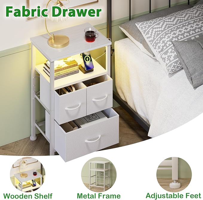 Furnulem Night Stand with Charging Station, LED, USB Ports and Outlets, Bedside Table with Fabric Bins, Nightstand with Open Shelf, Small Storage Side Table for Bedroom (3 Drawer, White)