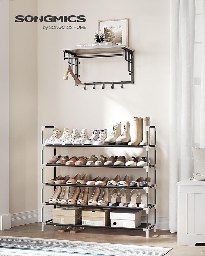 SONGMICS 5-Tier Shoe Rack, Shoe Storage for Hallway Closet, Slim and Space-Saving, Metal Frame, Non-Woven Fabric Shelves, Black ULSH55H-NeatNest