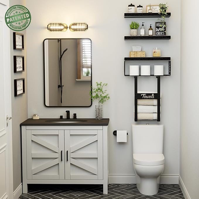 Bathroom Shelves Over Toilet - Floating Shelf for Wall Above Toilet Towels Holder Small Farmhouse Decor Shelves (15.7 inch, Set of 3, Black)-NeatNest