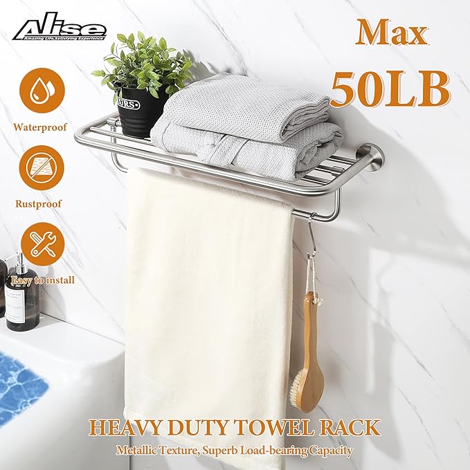 Alise 24 Inch Towel Racks for Bathroom, Foldable Towel Hanger Towel Shelf with Tower Bar, Heavy Duty Towel Holder, SUS 304 Stainless Steel Wall Mount Towel Rail, Brushed Nickel