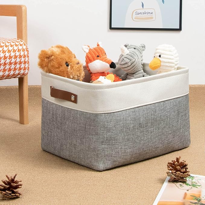 DULLEMELO Collapsible Rectangle Storage Basket for Shelves/Closets - Organize Clothes, Toys, Towels, Books, Laundry, Nursery, Dog Toys - Empty (White & Gray)-NeatNest