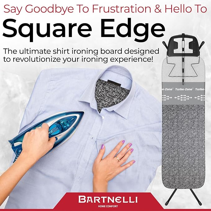 Bartnelli Heavy Duty Ironing Board 48x15 | Designed & Made in Europe with Patent Technology, Turbo & Park Zone