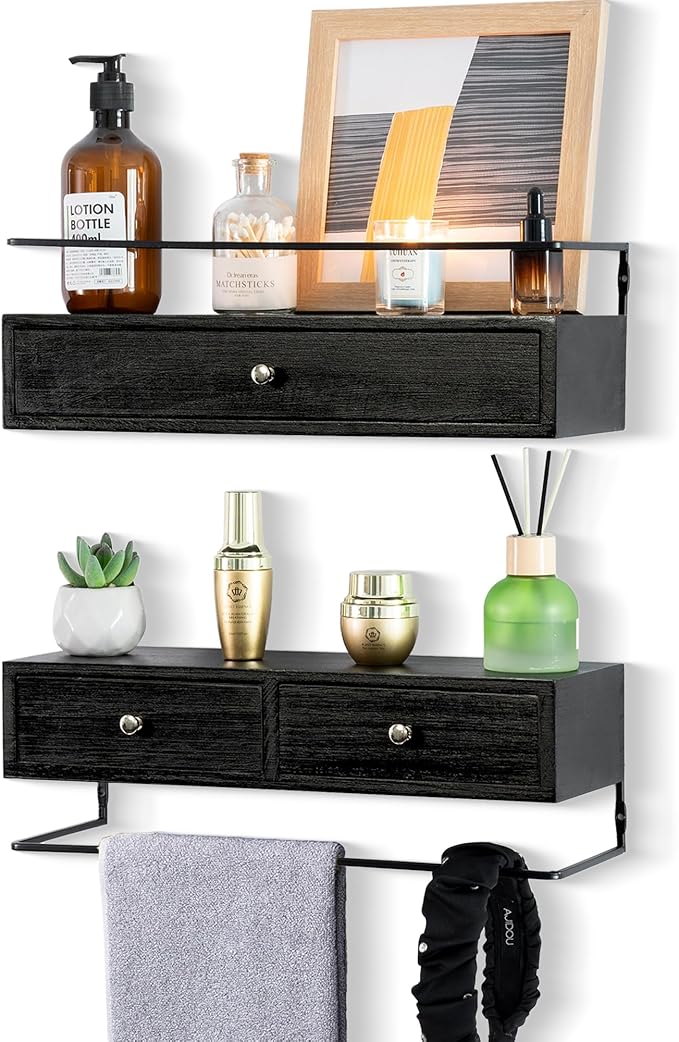 Floating Shelves for Wall Storage, Wall Mounted Bathroom Shelf with Drawers Set of 2, Rustic Wood Wall Shelves for Bedroom, Living Room, Kitchen, Wall Decor, Plants, Books, Black-NeatNest