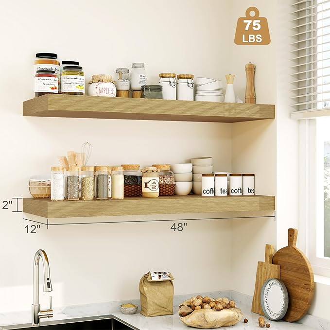 Heimlove Oak Bathroom Shelves Floating Shelves for Wall Shelf Over Toilet Long Wall Mounted Modern Farmhouse,48 x 12 Wall Shelves with Invisible Brackets for Living Room, Kitchen, Bedroom-NeatNest