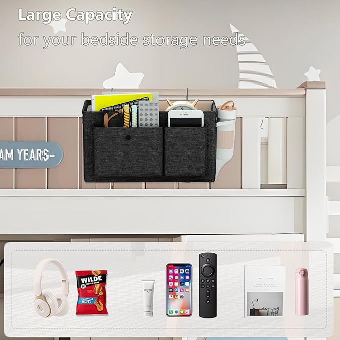 Bedside Caddy Bedside Organizer with Fixed Straps & Water Bottle Holder, Bunk Bed Caddy ideal for Home, Dorm, Hospital, Crib, Versatile Bedside Storage Solution (Black 2pcs)-NeatNest