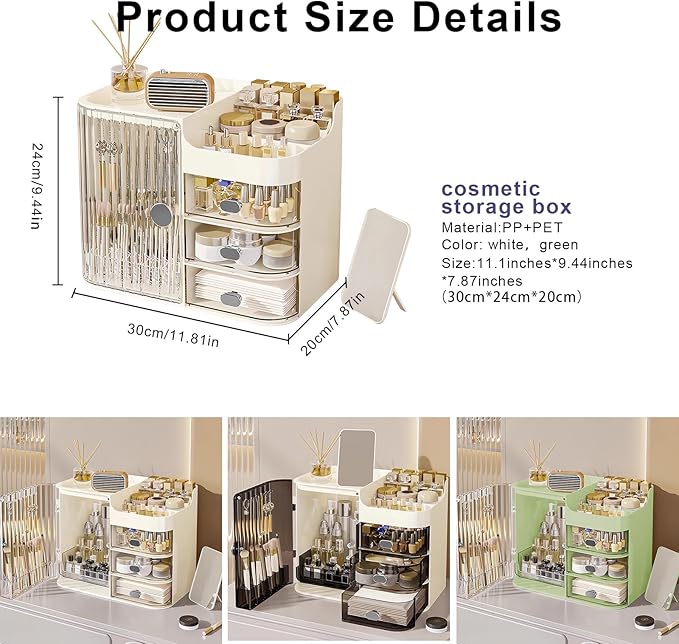 DASITON Makeup Organizer for Vanity,Large Capacity Makeup Storage Organizer with 3-Layer Drawers and Mirror,Cosmetics Display Case Make up Organizers for Vanity,Bedroom,Countertop(Clear-Cream)