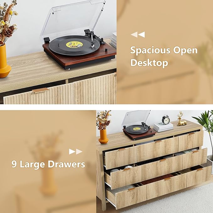 9 Drawer Dresser Cabinet, Long Nightstand with Drawers and Storage Cabinet, Boho Solid Wood Dresser TV Stand, Mid Century Modern Nightstand with 9 Drawer Dresser for Bedroom Closet (Natural)