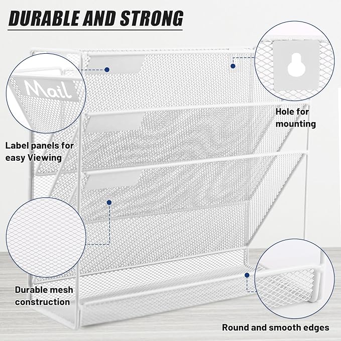 EASEPRES Desk File Organizer Mesh 4-Tier, Hanging Wall Mount Document Organization Stand, Desktop Vertical Mail Paper Folder Holder Rack with Bottom Tray for Office Home Cubicle Countertop, White