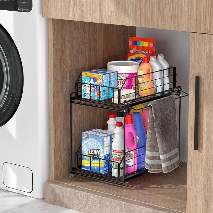SUEH DESIGN Under Sink Organizer, 2 Tier Bathroom Cabinet Organizer Metal Kitchen Sink Organzier with Hanging Rail for Kitchen Bathroom Organization and Storage, 1 Pack-NeatNest