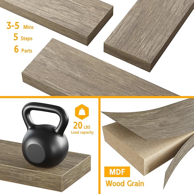 BAMEOS Floating Shelves, 16x6 Wall Mounted Wooden Shelves with Invisible Brackets Set of 3, Hanging Wall Shelves Decoration for Bedroom, Bathroom, Living Room and Kitchen-NeatNest