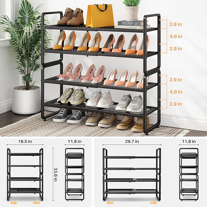 Shoe Rack - Expandable Shoe Organizer for Closet, Adjustable Metal Shoe Shelf Storage, 4 Tier Stackable Long Shoe Stand Holder for Garage, Entryway, Door Entrance, Black-NeatNest