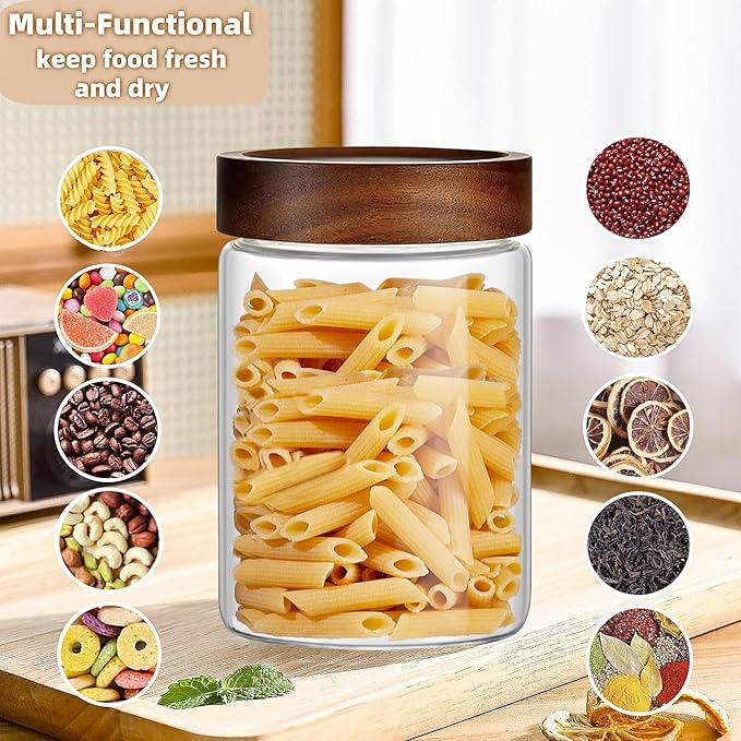 17 Fl oz/500 ml Glass Food Storage Jar, Premium Clear Glass Container Jar with Airtight Wooden Screw Lid, Kitchen Canisters for Coffee,Tea,Pasta,Cookies, Nuts,Spice,Candy,Overnight Oatmeal(Small)