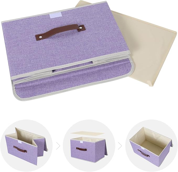 ANMINY 2PCS Storage Bins with Lid PU Leather Handles Storage Boxes PP Plastic Board Decorative Foldable Lidded Cotton Linen Fabric Home Cubes Baskets Closet Organizer Containers - Purple, Large Size-NeatNest