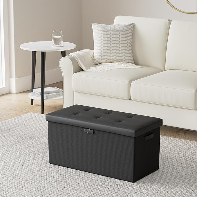 DocSafe Storage Ottoman Bench with Lock,Fireproof 30 Inches Folding Bench Foot Rest Stool Storage Chest Safe for Living Room,Bedroom,Home Office,Waterproof Leather Ottoman with Handles,Black-NeatNest