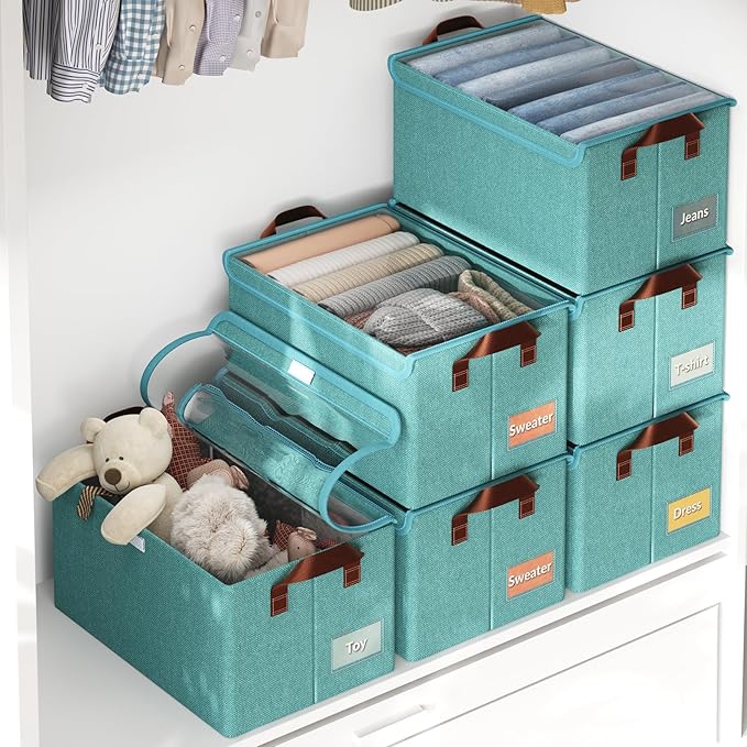 AARAINBOW Stackable Clothes Organizer Bins, Fabric Storage Bins with Metal Frame, 4 Packs Green Boxes with Lids, Foldable Closet Container for Clothes Toys, 23L (Green)-NeatNest